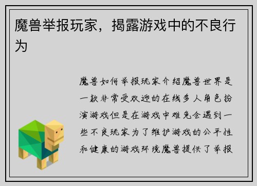 魔兽举报玩家，揭露游戏中的不良行为